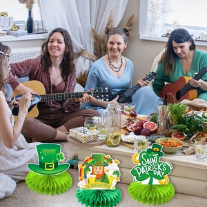 St. Patrick's Day honeycomb centerpieces featuring leprechaun and shamrock designs
