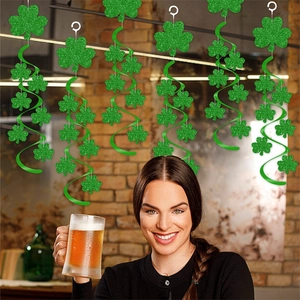 St. Patrick's Day green glitter shamrock spiral hanging decorations for party ceiling