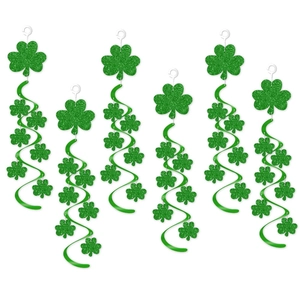 6-piece St. Patrick's Day green glitter shamrock spiral swirl hanging decorations