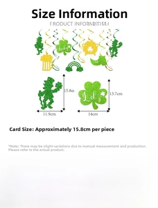 Detailed size chart of St. Patrick's Day spiral pendants with Lucky clover and gnomes
