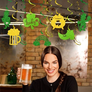 St. Patrick's Day hanging swirls with shamrock and lucky coins party decorations