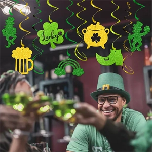 St. Patrick's Day hanging spiral decorations with lucky shamrock and leprechaun charms