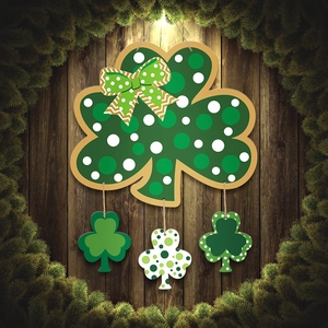 St. Patrick's Day green clover door hanger with striped bow and shamrock charms