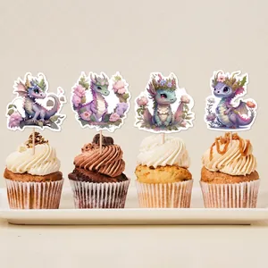 Set di topper per cupcake con draghi cartoon e disegni floreali per feste di compleanno