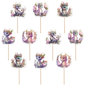 Set di 10 decorazioni per cupcake con draghi, fiori rosa e stecchini in legno per feste
