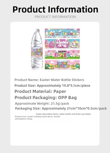 Close-up of waterproof Easter water bottle labels with rabbit and colorful egg patterns