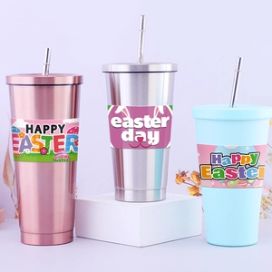 Easter water bottle stickers featuring rabbits and eggs on stainless steel tumblers