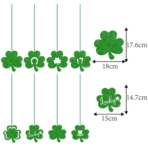 Green glittery St. Patrick's Day shamrock hanging ornaments with Lucky text and sizes