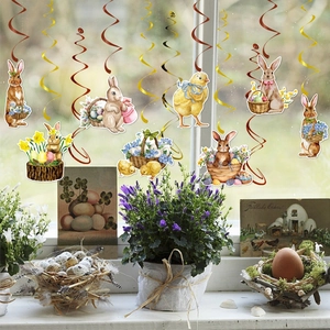 Vintage Easter hanging banner set with watercolor bunnies, chicks and festive spirals