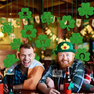 Glittery green Saint Patrick's Day shamrock hanging decorations for Irish party ceilings