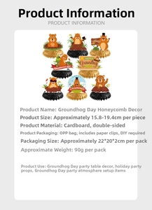 Detail guide showing 9 Groundhog Day honeycomb centerpieces with DIY cardstock assembly