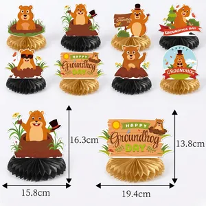 8-piece Groundhog Day honeycomb centerpieces featuring cartoon designs and sizes