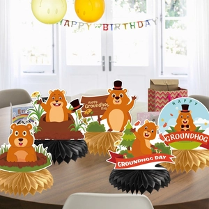 Groundhog Day honeycomb centerpieces with five cartoon groundhogs for party table decor