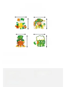Size guide for St. Patrick's Day paper glass markers showing dimensions of four Irish motifs
