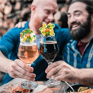 St. Patrick's Day wine glass decorations with shamrock and leprechaun motifs