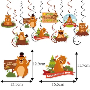 Groundhog Day hanging swirl decorations with brown marmot cards for spring party decor