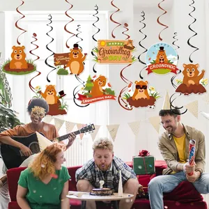 Groundhog Day hanging swirl decorations with cute marmot cards and festive party banners