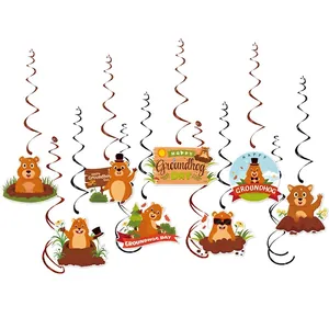 Groundhog Day hanging swirl decorations with cute cartoon groundhog cutout cards