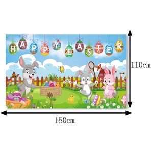Easter banner backdrop 180x110cm with Happy Easter text, cute bunnies, and colorful eggs