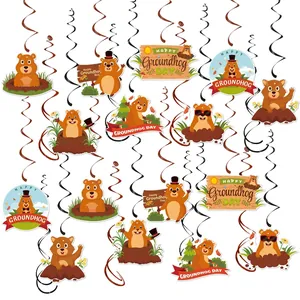 Groundhog Day Hanging Swirl Decorations Paper Card PVC Spiral Streamers For Spring Party Home Ceiling Decor Cartoon Animal Theme