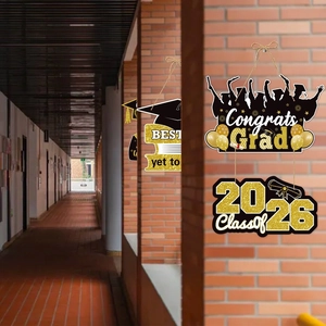 2026 graduation party door sign decoration with black and gold Congrats Grad theme hanging