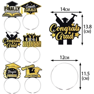 Pack of 6 black and gold glitter graduation headbands with caps and congrats grad motifs