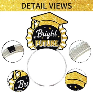 Graduation party headband with Bright Future lettering and golden glitter mortarboard cap