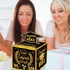 Graduation money pull gift box with black gold design and doctor hat topper decoration