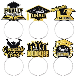6PCS Graduation Party Headbands Congrats Grad Black Gold Glitter Headpieces Class of 2024 Graduation Ceremony Party Supplies Photo Props