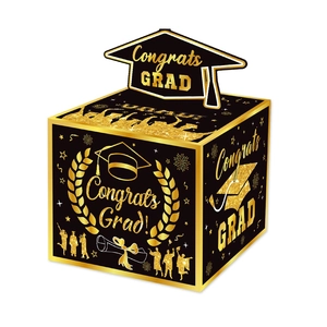 Black and gold graduation money gift box with mortarboard cap and congrats grad design