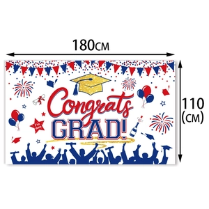 Red and blue Congrats Grad graduation banner with balloons and gold fireworks, 180x110cm