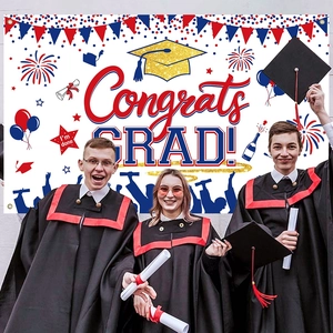Congrats Grad banner for graduation party backdrop with balloons and fireworks theme