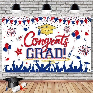 Graduation Backdrop Banner Congrats Grad Polyester Cloth Party Decoration Photo Prop Background With Fireworks Balloons