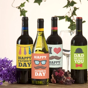 Father's Day wine bottle stickers featuring colorful ties, mustaches, and hats for decor