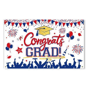 Congrats GRAD backdrop with gold mortarboard cap, fireworks, and colorful balloons