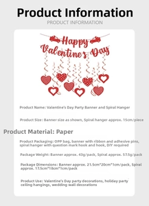 Detailed size and material specs for red glitter Valentine's Day party banner and swirls