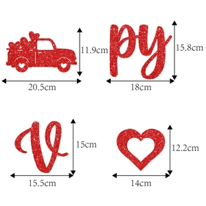 Valentine's Day red glitter truck and heart banner decorations with size dimensions