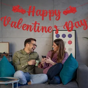 Red glittery Happy Valentine's Day banner with car designs in a cozy home party setting