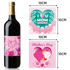 Detail showing 10x10cm Mother's Day wine bottle labels with floral and heart silhouettes