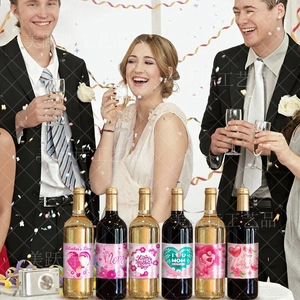 Detailed view of six floral Mother's Day wine bottle labels for festive party decoration