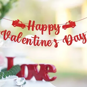 Red glitter Happy Valentine's Day banner with heart truck decorations for party