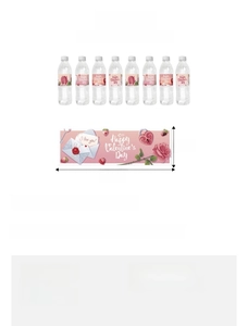 Detailed size chart for pink Valentine's water bottle labels featuring romantic rose designs