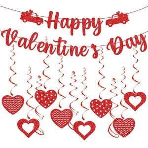 Happy Valentine's Day Banner And Heart Hanging Swirls Red Glitter Paper Party Decorations Romantic Anniversary Indoor