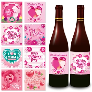 Happy Mother's Day Wine Bottle Stickers Labels Waterproof Adhesive Floral Heart Design For Party Decor Gift Wrap Pink Romantic