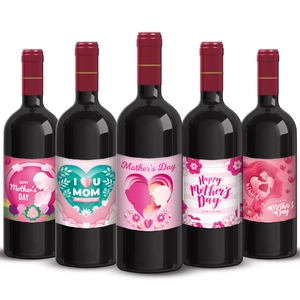 Mother's Day decorative wine bottle labels featuring floral hearts and silhouettes