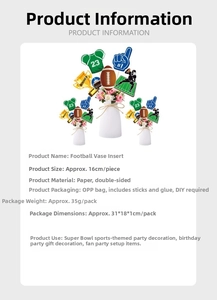 Detailed view of American football party vase toppers with size and material specifications