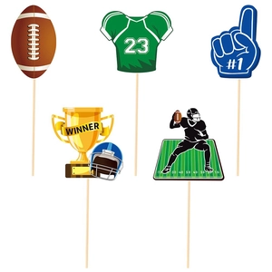 Rugby party photo props set with trophy jersey and football silhouettes on wooden sticks
