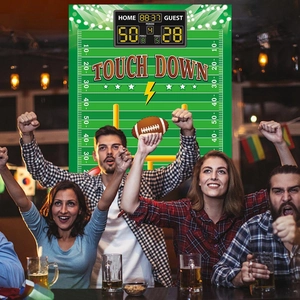 American football themed party backdrop with touchdown text and stadium scoreboard design