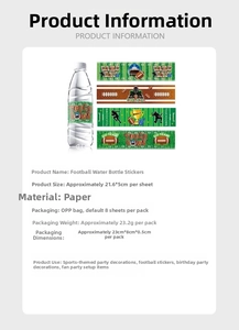 Detail view of American football party stickers showing 21.6x5cm size and game day patterns