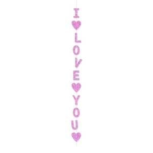Guirlande verticale de la Saint-Valentin avec lettres I LOVE YOU et cœurs roses pailletés